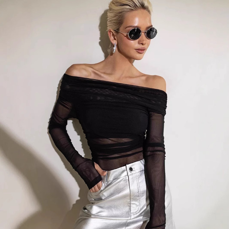 Blouse Off Shoulder - Damska siateczkowa bluzka z odkrytymi ramionami,