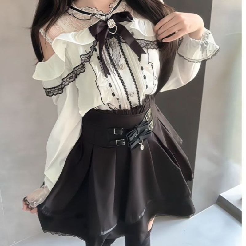 Blouse Off Shoulder - Japoński gotycki styl Y2k Lolita, zestaw