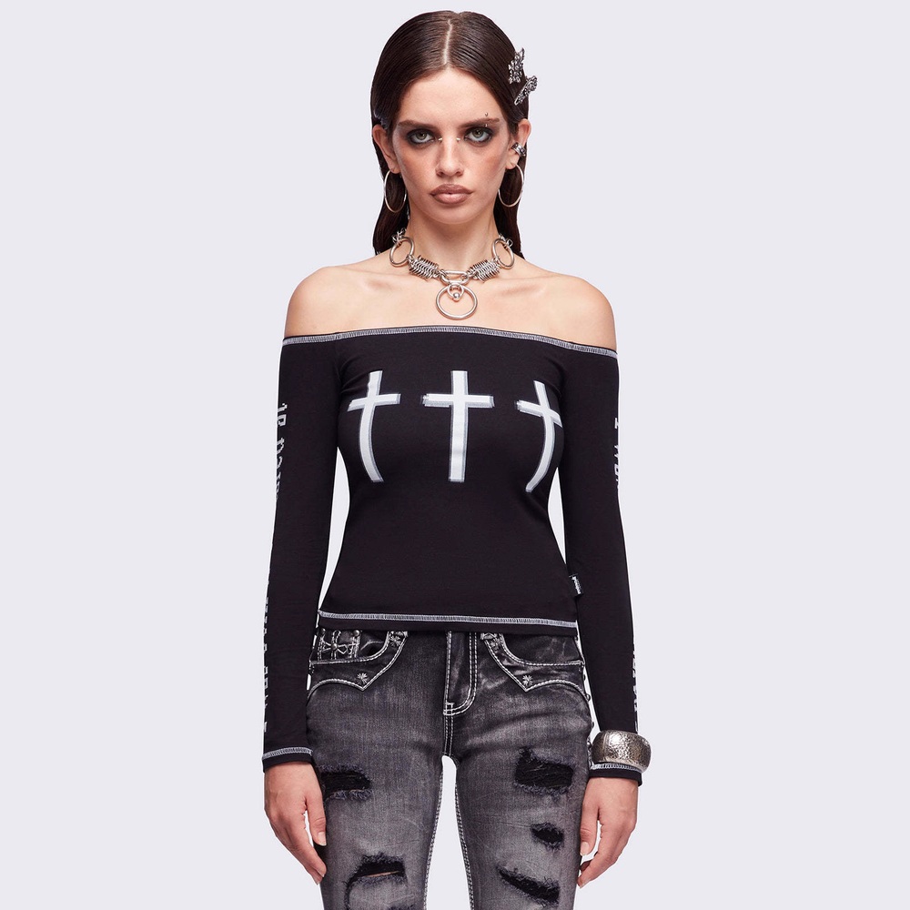 Blouse Off Shoulder - Krzyżowe T-shirty, bluzki, topy, punkowe bluzki,